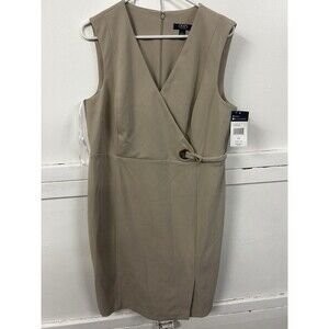 Chaps Women’s Khaki Belted Wrap‎ Sheath Dress - Size 14 NWT Beige Gold Accent